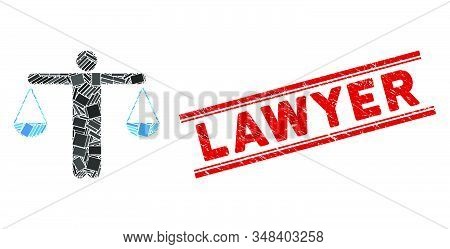 Mosaic Lawyer Weight Icon And Red Lawyer Seal Stamp Between Double Parallel Lines. Flat Vector Lawye