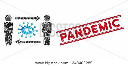 Mosaic Persons Bacteria Exchange Pictogram And Red Pandemic Rubber Print Between Double Parallel Lin