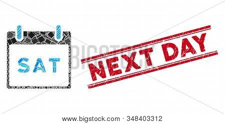 Mosaic Saturday Calendar Page Pictogram And Red Next Day Stamp Between Double Parallel Lines. Flat V