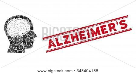 Mosaic Head Brain Icon And Red Alzheimers Seal Stamp Between Double Parallel Lines. Flat Vector Head