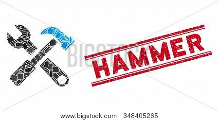 Mosaic Hammer And Wrench Pictogram And Red Hammer Seal Between Double Parallel Lines. Flat Vector Ha