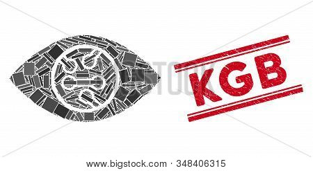 Mosaic Digital Eye Lens Pictogram And Red Kgb Stamp Between Double Parallel Lines. Flat Vector Digit