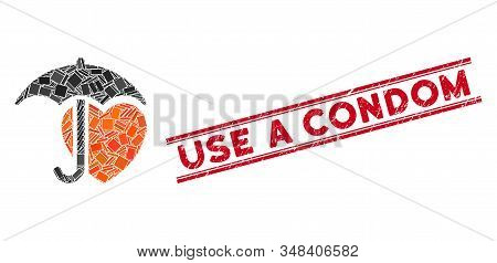 Mosaic Heart Umbrella Protection Icon And Red Use A Condom Stamp Between Double Parallel Lines. Flat