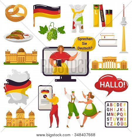 German Learning And Education Or Tourism, Travel To Germany Concept Vector Illustration Isolated Set