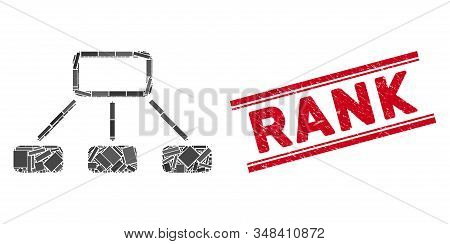Mosaic Hierarchy Icon And Red Rank Rubber Print Between Double Parallel Lines. Flat Vector Hierarchy