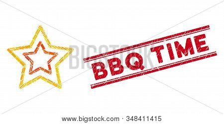 Mosaic Countour Stars Pictogram And Red Bbq Time Seal Stamp Between Double Parallel Lines. Flat Vect