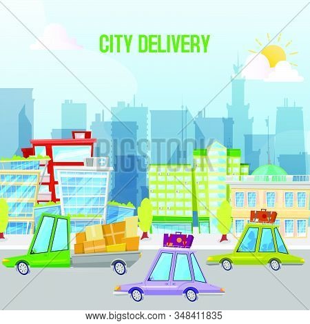 Fast Cars City Delivery Service Vector Illustration. Cartoon City Delivery Trucks With Boxes And Par