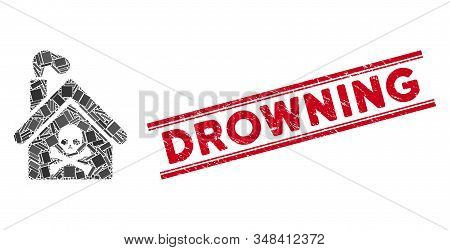 Mosaic Crematory Building Icon And Red Drowning Watermark Between Double Parallel Lines. Flat Vector