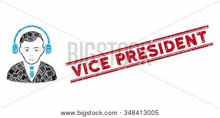 Mosaic Radio Manager Icon And Red Vice President Seal Stamp Between Double Parallel Lines. Flat Vect