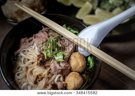 Thai style noodle blood soup,boat noodle,delicious dish,famous Thai noodle soup. Thai peoples call B