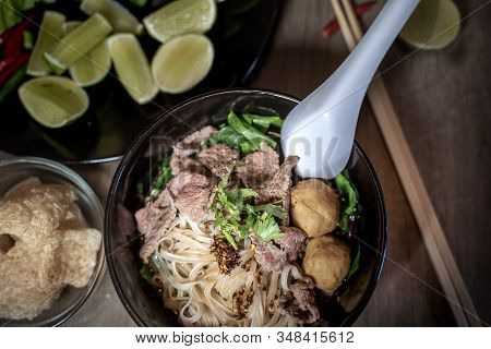 Thai style noodle blood soup,boat noodle,delicious dish,famous Thai noodle soup. Thai peoples call B