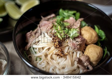 Thai style noodle blood soup,boat noodle,delicious dish,famous Thai noodle soup. Thai peoples call B