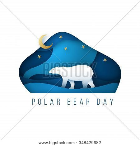 North Arctic Polar Bear In Paper Art Style. Polar Bear Walking At Night Along The North Pole. Polar 