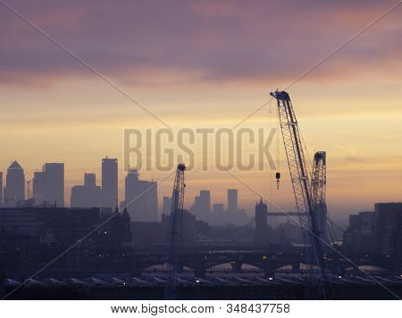 Majestic Dawn Sunrise Landscape Cityscape Over London City Sykline Looking East Along River Thames