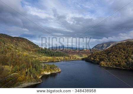Beautiful Aerial Drone Landscape Image Of Glorious Autumn Fall Sun Over Thirlmere In Lake District