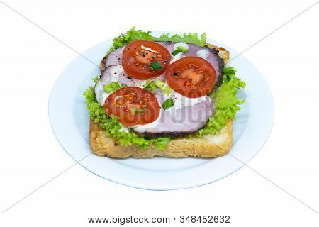 Sandwich With Shinka, Lettuce, Tomato On A Plate. Isolated On A White Background. Front Views