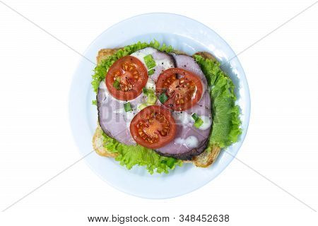 Sandwich With Shinka, Lettuce, Tomato On A Plate. Isolated On A White Background. Top Views