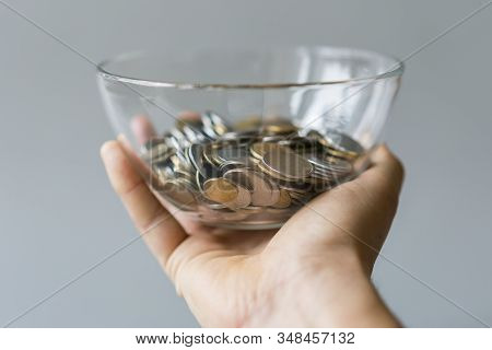 Coins In A Piggy Bank Vase. Saving Money In Jar With American Dollors , Cash. Concept Of Accumulatin