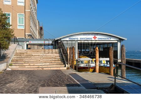 Venice, Italy - September 16, 2019: Emergency Medical Service Boat Station In Venice, Italy. Ambulan