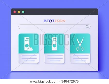 Set Shaving Gel Foam, Shaving Gel Foam And Scissors Hairdresser Icon. Vector