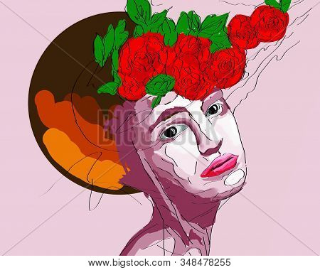Rough Drawing Of A Girl With Flowers On Her Head, Abstraction, Emotions, Red, Brown, Face, Physiogno
