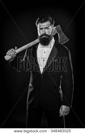 Tuxedo Party Boss. Brutal Man Hispter Hold Axe Black Background. Confident Businessman Formal Suit. 