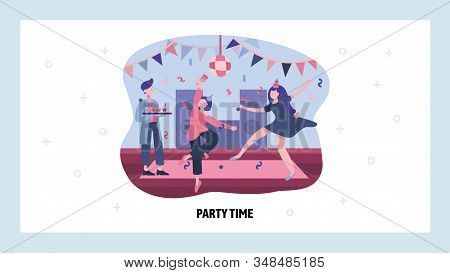 People Dance At Home Party. Young Happy Girls Celebrate And Dance In Nightclub. Vector Web Site Desi