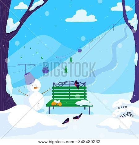 Illustration With Snow Man And Birds. Vector