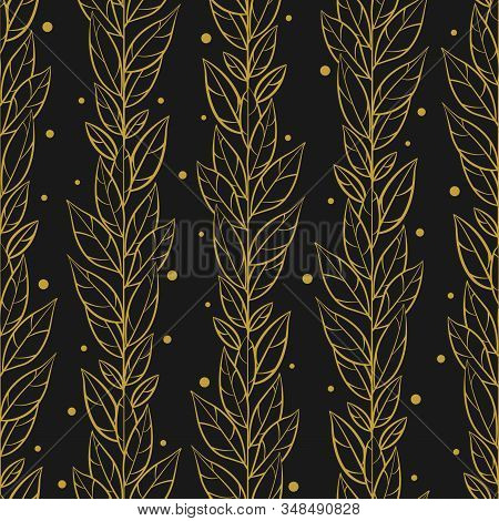 Vector Seamless Pattern With Vertical Gold Braches And Leaves On Black Background; Abstract Floral D