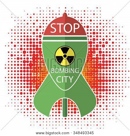 No War Sign On Halftone Background. Green Atomic Bomb With Radiation Sign On Red Background. Nuclear