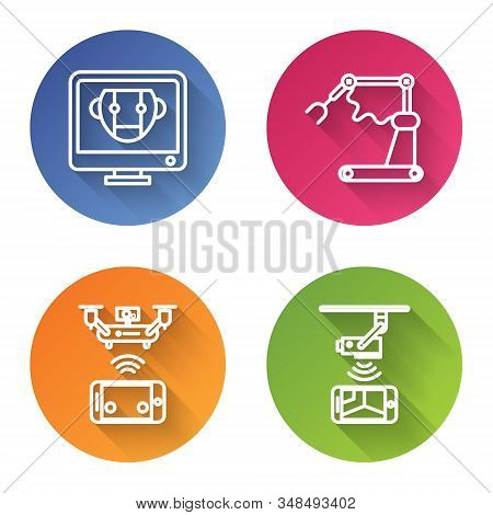 Set Line Bot, Industrial Machine Robotic Robot Arm Hand Factory, Remote Aerial Drone And Wireless Co