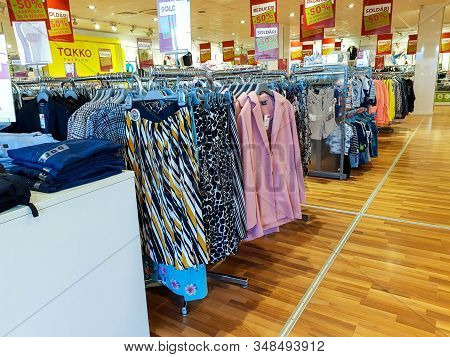 Sfantu Gheorghe , Romania- 02 February 2020: Colorful Women  Clothes On Local Takko Fashion Store.