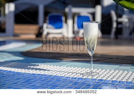 Pool Party With One Glass Of Bubbles White Champagne Or Cava Wine, Romantic Event On All Inclusive H