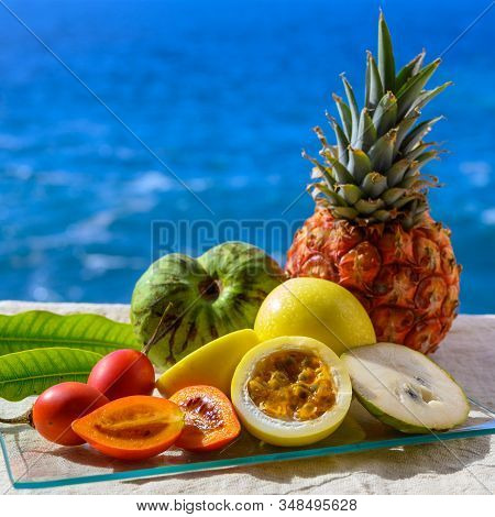 Tropical Fruits Collection, Custard Apple Or Green Ripe Cherymoia, Passion Fruit, Pineapple, Mango,