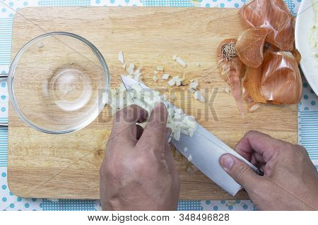 Chef Cuttng Onion Before Cooking / Cooking Coleslaw Concepted