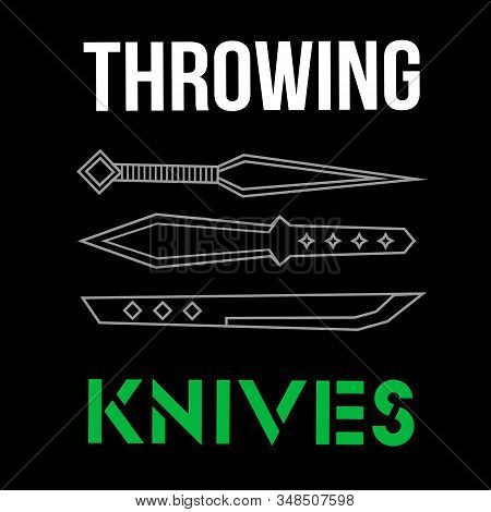 Three Grey Contour Throwing Knives On Black Background With Text