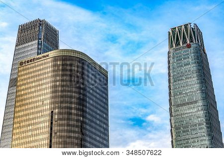 Bejing, China 24.022019: Central Business District Cbd City Skyline. Modern Skyscrapers In The Finan