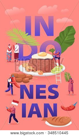 Indonesian Cuisine Concept. Tiny Male And Female Characters Tourists And Native Dwellers Eating And 