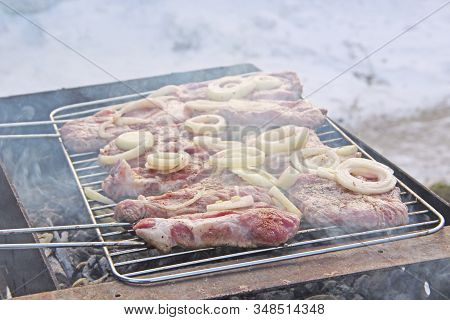 Chunks Of Meat With Onions Are Cooked On Barbecue. Pieces Of Onion And Steak Cooked On Fire. Steak G