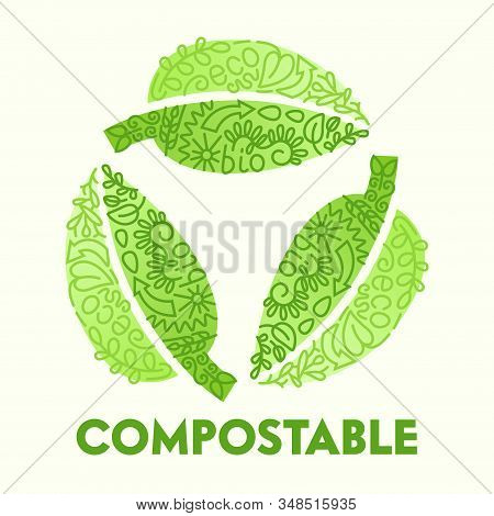 Biodegradable Compostable Recyclable Plastic Package Icon In Shape Of Circulate Green Leaves With Do