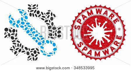 Mosaic Service Tools Icon And Red Rounded Distressed Stamp Seal With Spamware Phrase And Coronavirus