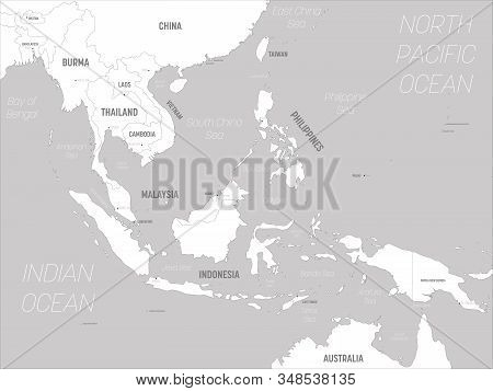 Southeast Asia Map - White Lands And Grey Water. High Detailed Political Map Of Southeastern Region 