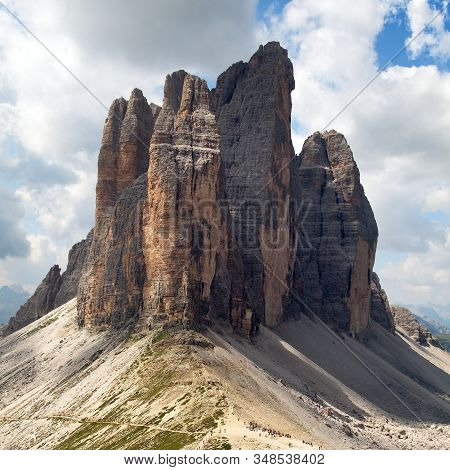 View Of Drei Zinnen Or Tre Cime Di Lavaredo With Beautiful Cloud On Sky, Sextener Dolomiten Or Dolom