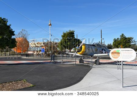 IRVINE, CALIFORNIA - 31 JAN 2020: The Orange County Great Park balloon ride, carousel and SNJ-5 Texan, WWII era aircraft display.