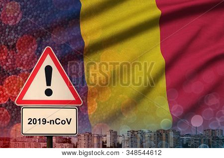 Chad Flag And Coronavirus 2019-ncov Alert Sign. Concept Of High Probability Of Novel Coronavirus Out
