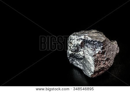 Big Big Silver Nugget On Black Background. Raw Silver Stone, Silver Nugget Native To Liberia, Isolat
