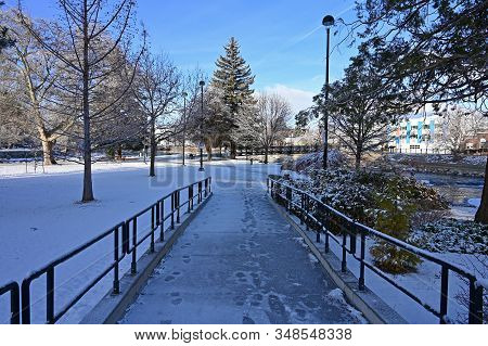 Reno, Nevada - January 17, 2020: Truckee River Walk In Early Morning After Snowstorm.