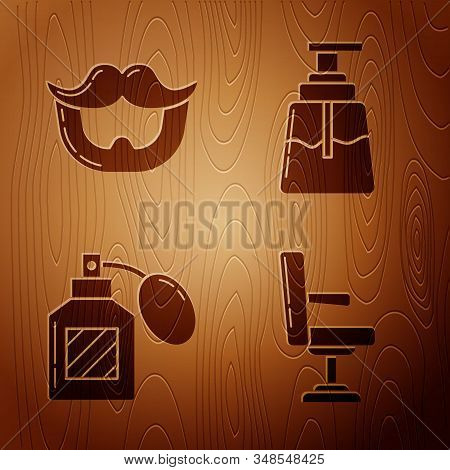 Set Barbershop Chair, Mustache And Beard, Aftershave And Aftershave On Wooden Background. Vector