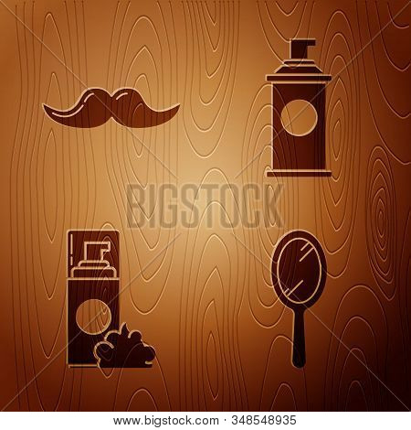 Set Hand Mirror, Mustache, Shaving Gel Foam And Shaving Gel Foam On Wooden Background. Vector