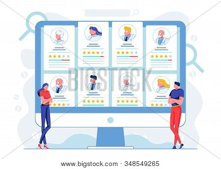 Patients Analyze Doctors Rating Flat Illustration. Hospital Clients Choosing Best Medical Workers Ca